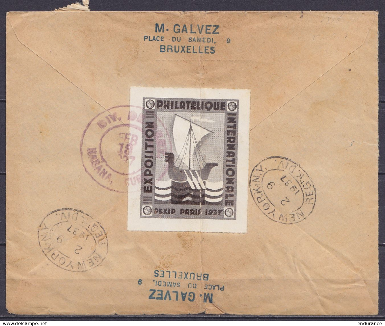 Env. Recommandée Affr. N°419+423+431+2x438+4x441 Càd BRUXELLES 1/2 II 1937/ BRUSSELpour HABANA (La Havane) Cuba (au Dos: - Briefe U. Dokumente