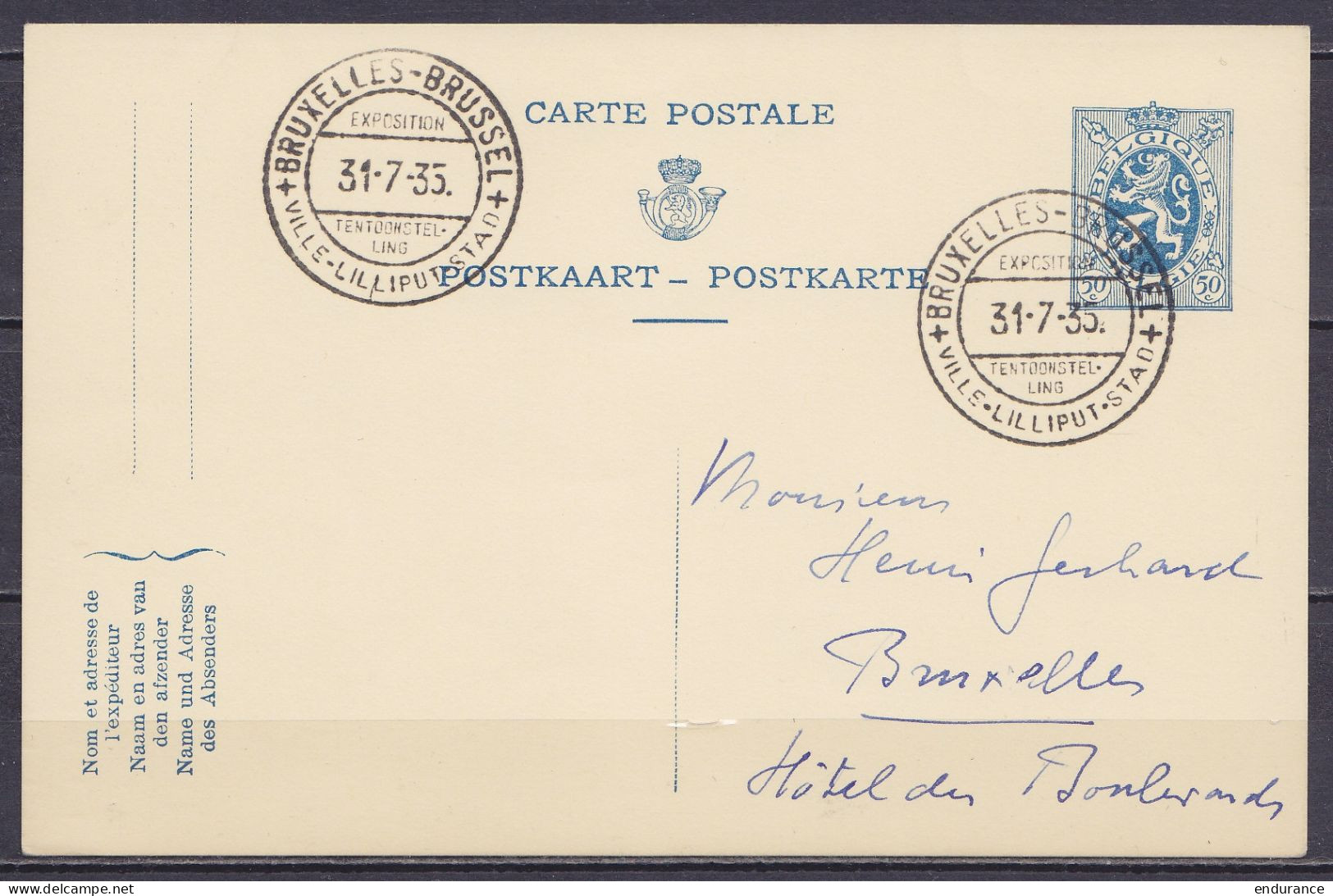 EP CP 50c Bleu (type N°285) Càd "BRUXELLES-BRUSSEL /EXPOSITION /31-7-1935/ TENTOONSTELLING /VILLE-LILLIPUT-STAD" Pour Hô - Postcards 1934-1951