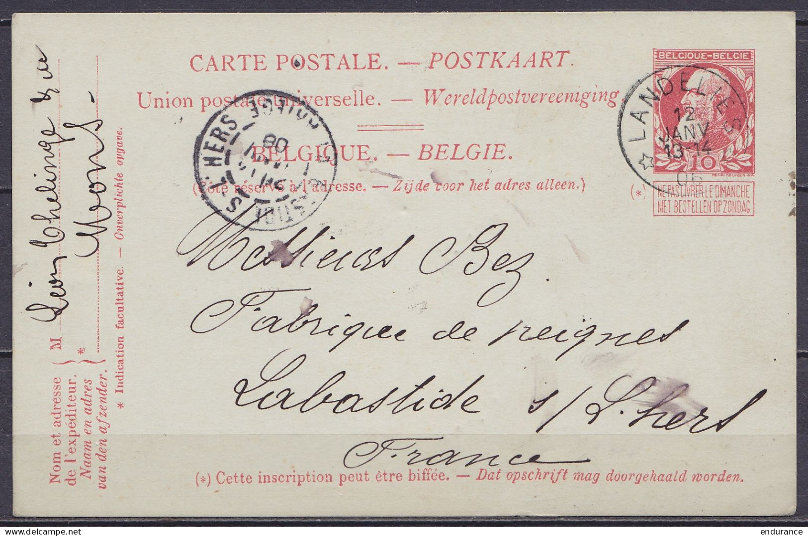 EP CP 10 Rouge (type N°74) De Mons Càd Relais *LANDELIES* /12 JANV 1908 Pour LABASTIDE-SUR-L'HERS - Càd Arrivée LABASTID - Cartes Postales 1871-1909