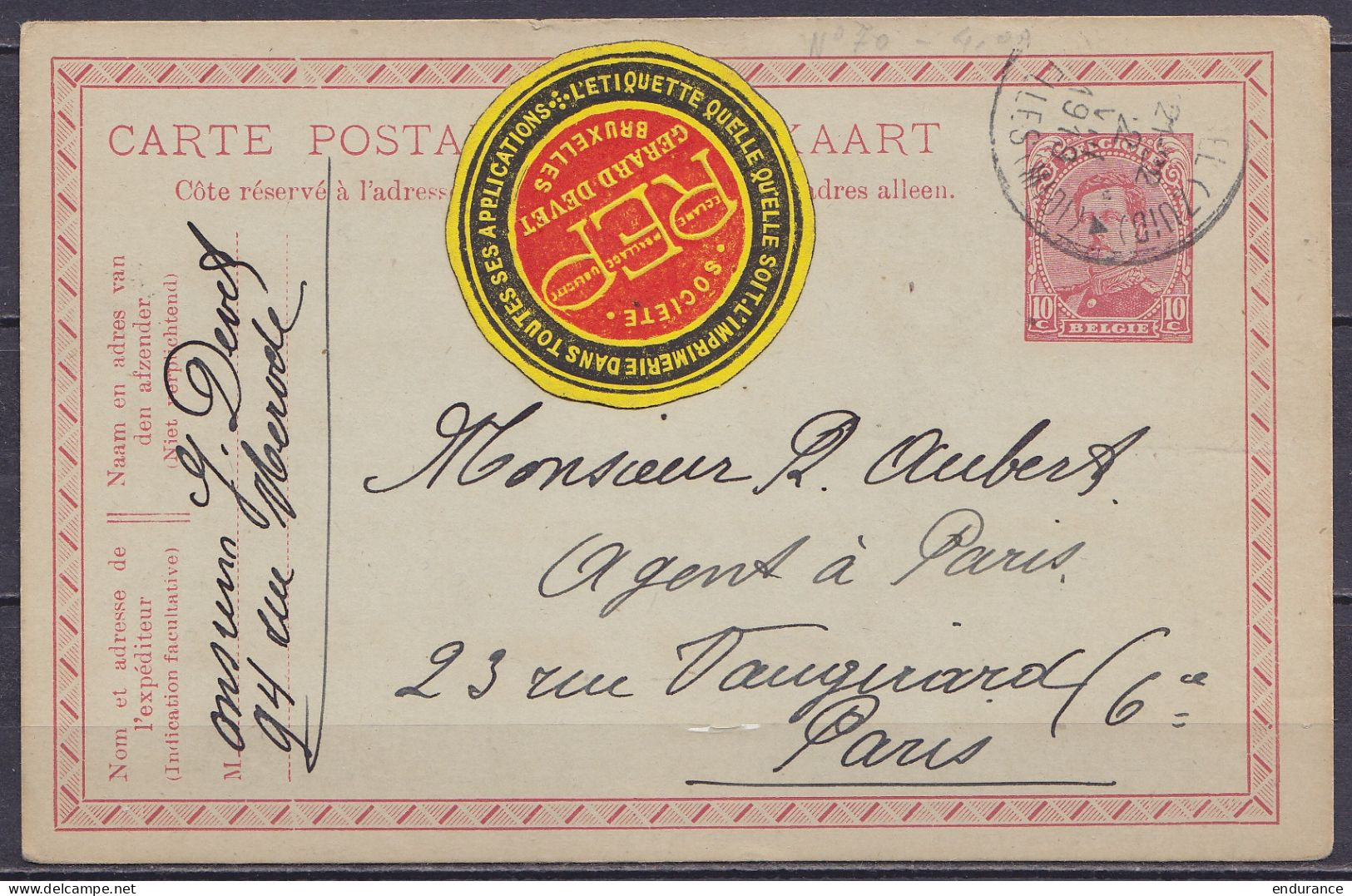 EP CP 10c Rouge (type N°138) Càd "BRUSSEL (ZUID) /22 VIII 1922/ BRUXELLES (MIDI)" Pour PARIS - Aurait Dû être Taxée ! (a - Cartes Postales 1909-1934