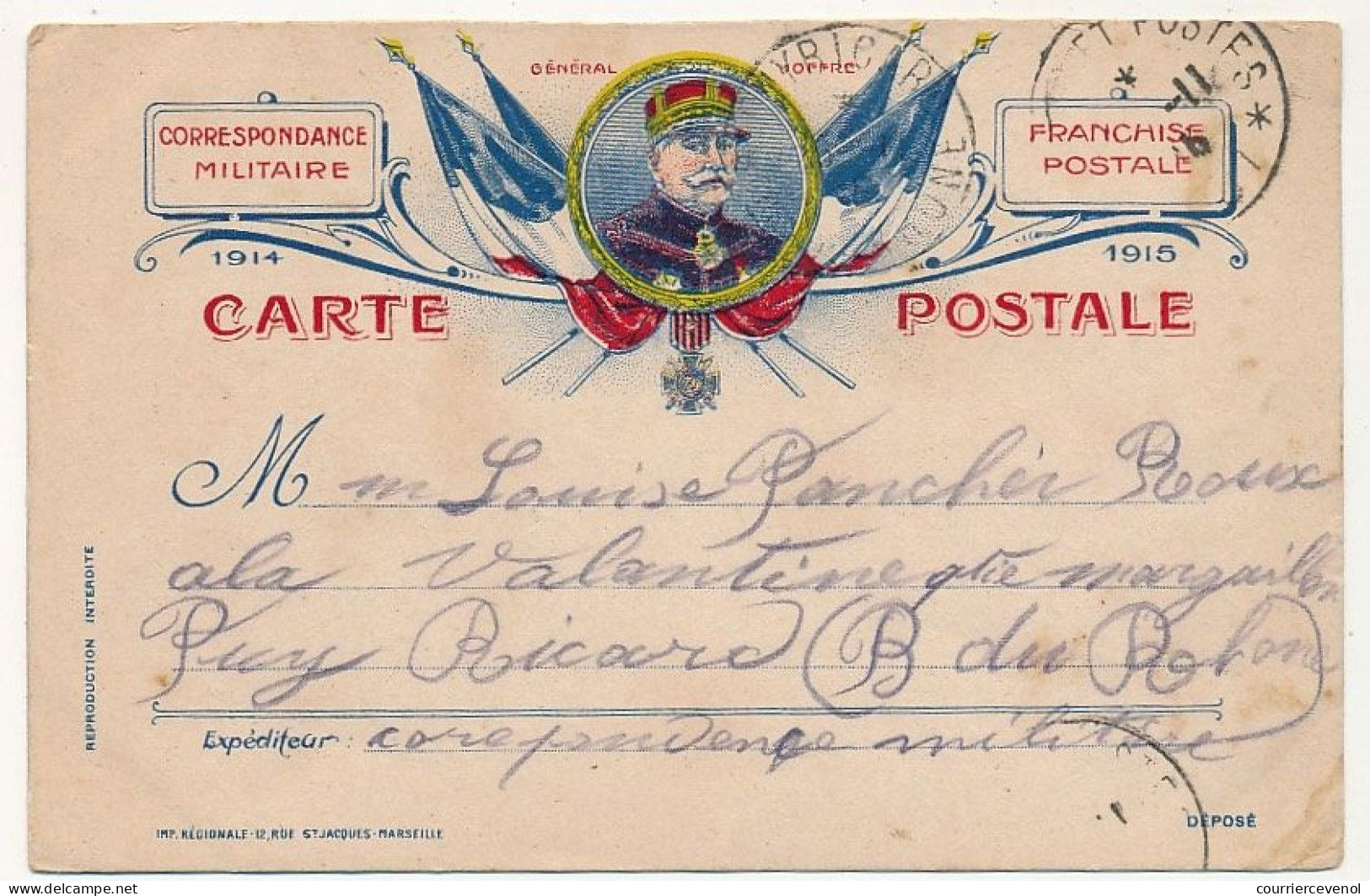 CPFM - Correspondance Militaire - Franchise Postale - Général Joffre - édition Marseillaise, Polychrome - 1915 - Lettres & Documents