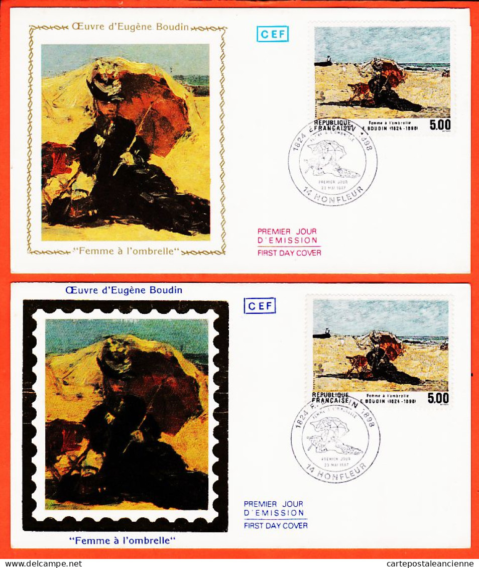 05997  / ⭐ ♥️ (•◡•) 2 FDC 1 Soie 1 Normal ◉ Femme à Ombrelle Eugène BOUDIN 1er Jour Emission HONFLEUR 28 Mai 1987 F.D.C - 1980-1989