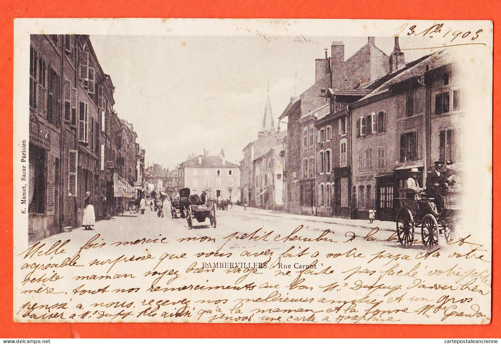 05799 / ⭐ ♥️ RAMBERVILLERS 88-Vosges Attelage Rue CARNOT 1903 à DUPUY Rue Inquisition Toulouse-Bazar Parisien MAMET - Rambervillers