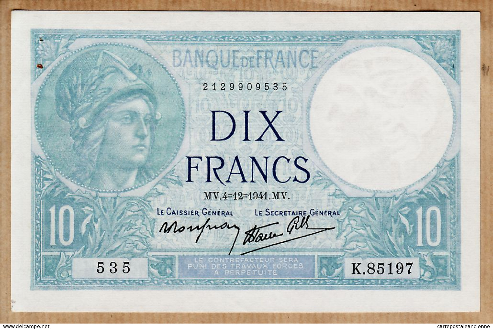 05986 / Etat SPL - Billet DIX 10 FRANCS Type MINERVE M.V 4=12=1941- 4 Décembre 1941 Alphabet K.85197 N°2129909535 - 10 F 1916-1942 ''Minerve''