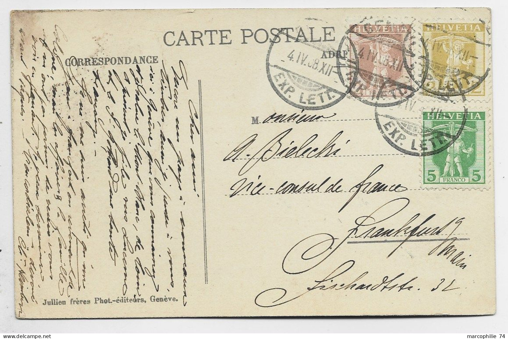 HELVETIA SUISSE 3C+2C+5C CARTE GENEVE 4.IV .1908 POUR ALLEMAGNE - Storia Postale