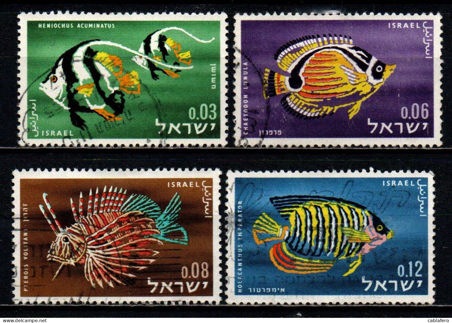 ISRAELE - 1962 - Red Sea Fishes: Pennant Coral Fish, Orange Butterflyfish, Lionfish, Zebra-striped Angelfis - USATI - Gebruikt (zonder Tabs)