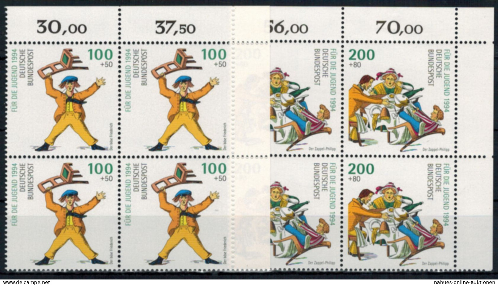 Bund 1726-1730 Jugend 1994 Bogenecke Eckrand Viererblock O. Re. Postfrisch - Brieven En Documenten