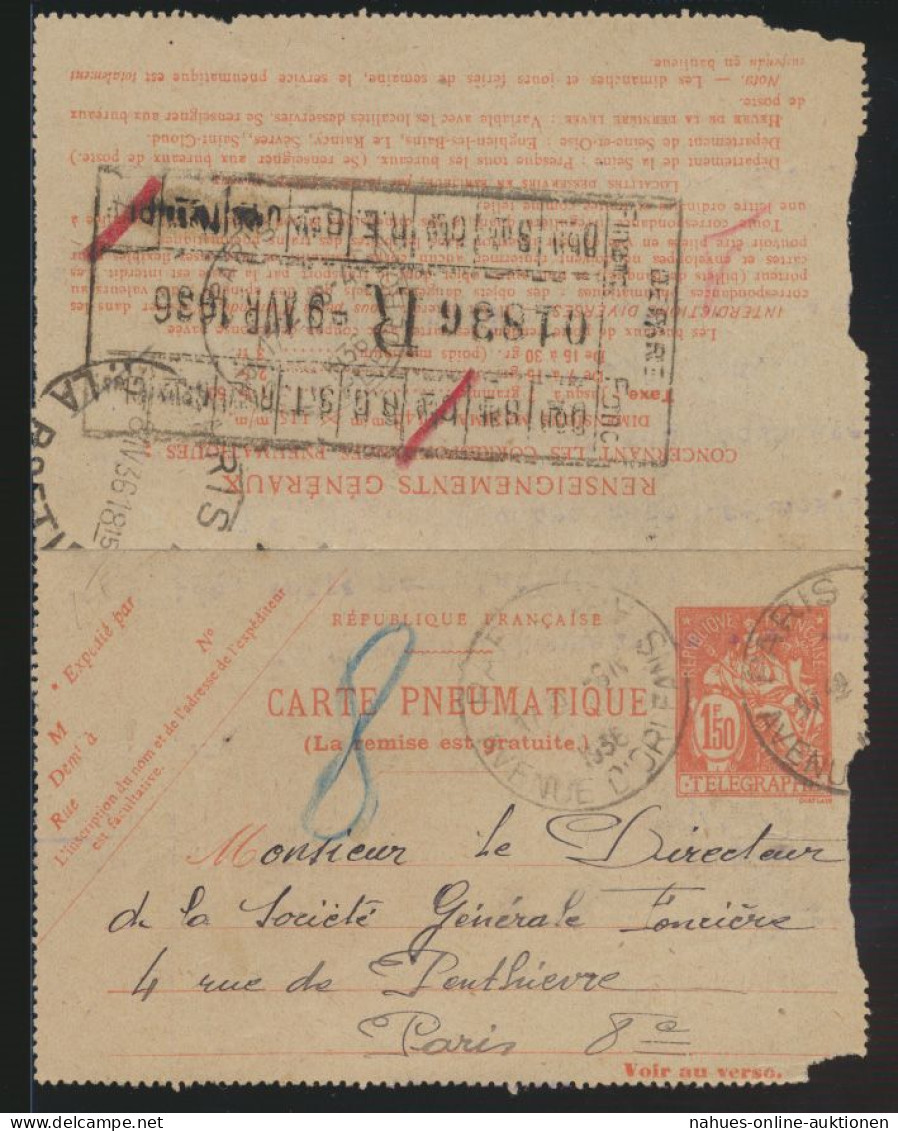 Frankreich Ganzsache Rohrpost Kartenbrief 1,50 F Nachgebühr France Postal - Covers & Documents