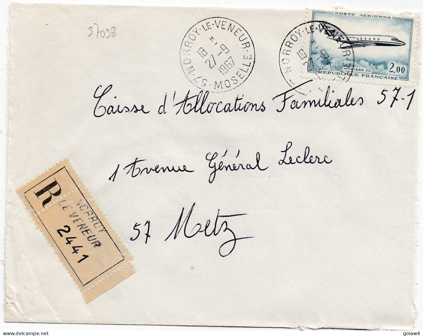 37038# LETTRE FRANCHISE PARTIELLE RECOMMANDE Obl NOROY LE VENEUR MOSELLE 1967 Pour METZ 57 - Briefe U. Dokumente