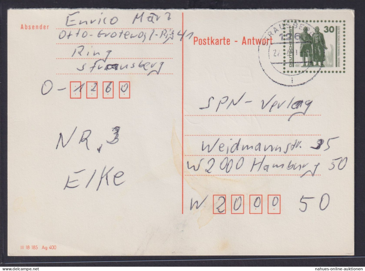 DDR Ganzsache P 108 A Antwort Goethe Schiller Denkmal Strausberg Nach Hamburg - Cartoline - Usati