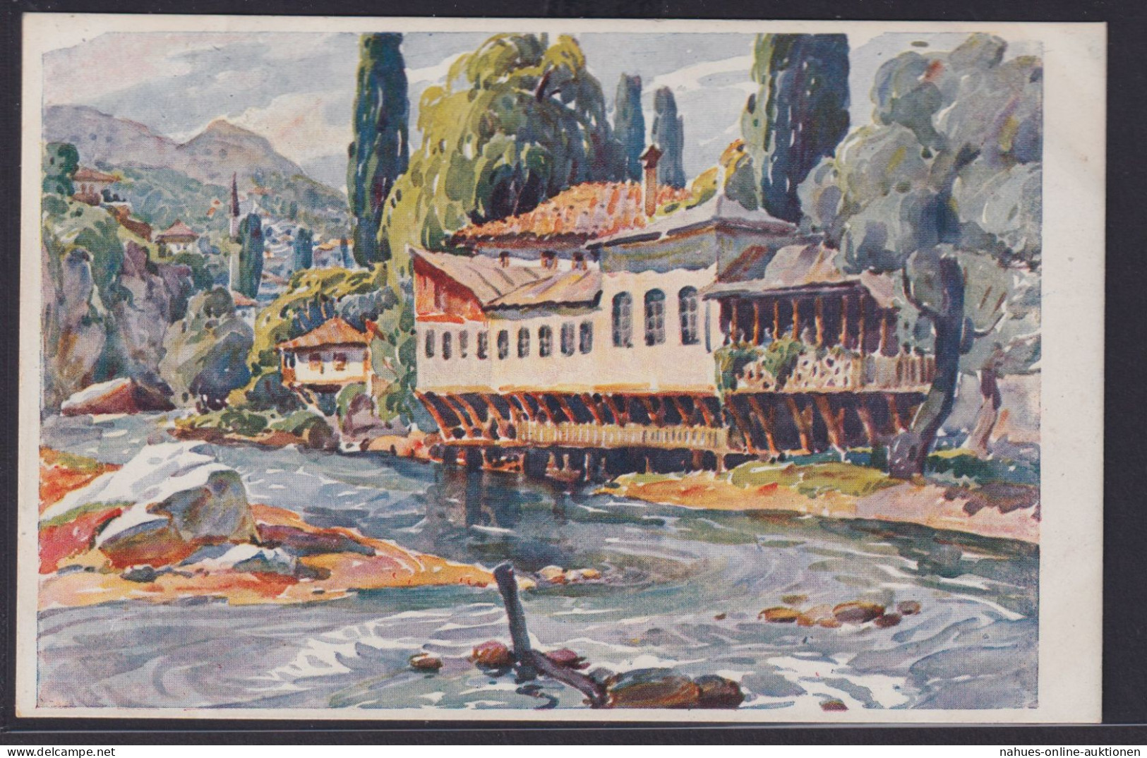 Ansichtskarte Künstlerkarte Sarajevo Fluss Haus Gastronomie Berge Bosnien - Andere & Zonder Classificatie