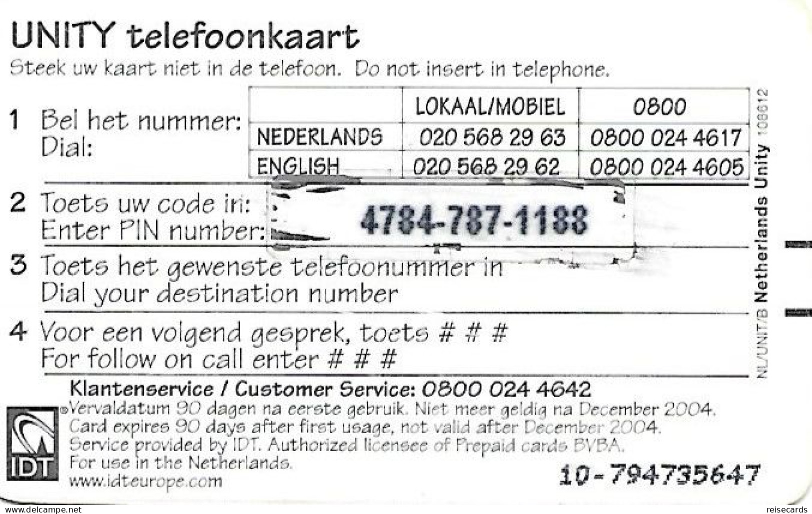 Netherlands: Prepaid IDT - Unity 12.04 - Schede GSM, Prepagate E Ricariche