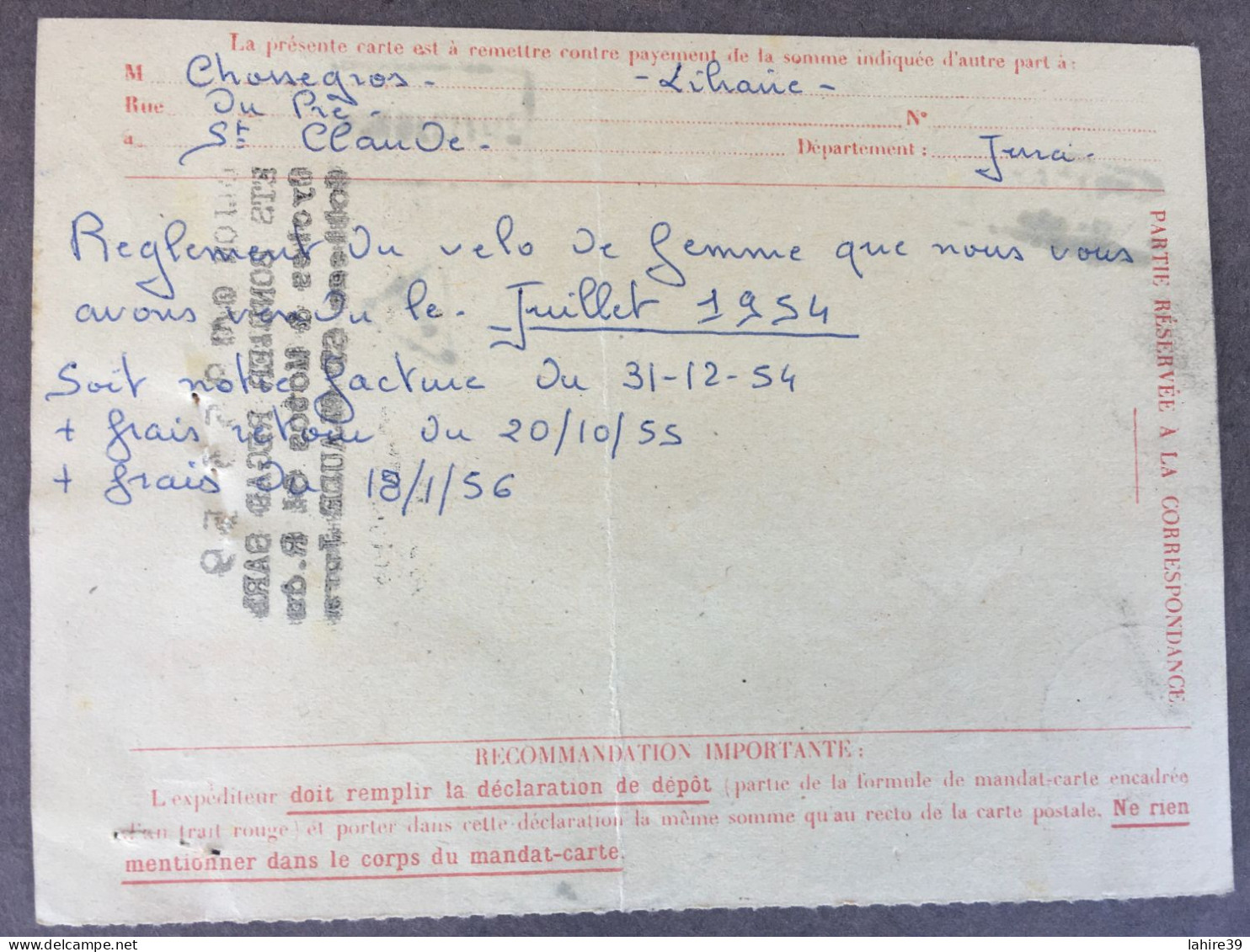 Carte Postale D'encaissement / Contre Remboursement / Timbres Taxes / Tampons / 1956 - 1859-1959 Lettres & Documents