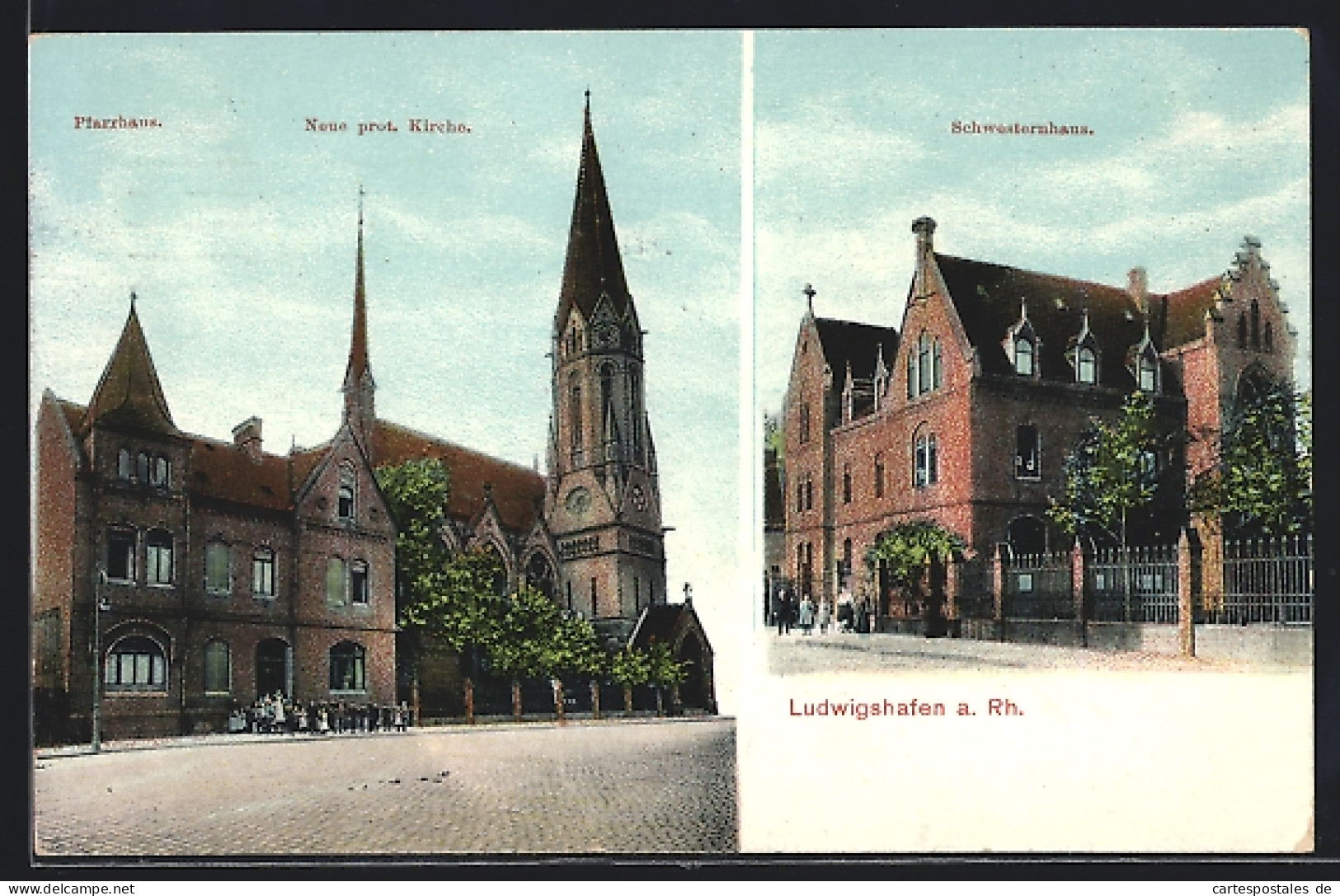 AK Ludwigshafen A. Rh., Neue Protestantische Kirche Und Pfarrhaus, Schwesternhaus  - Ludwigshafen