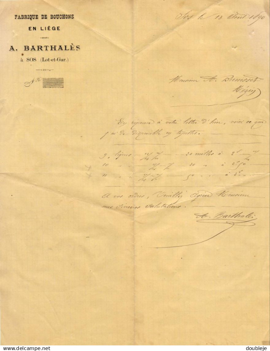 FABRIQUE DE BOUCHONS EN LIEGE A.BARTHALES A SOS   .......... CORRESPONDANCE COMMERCIALE DE 1890 - Other & Unclassified