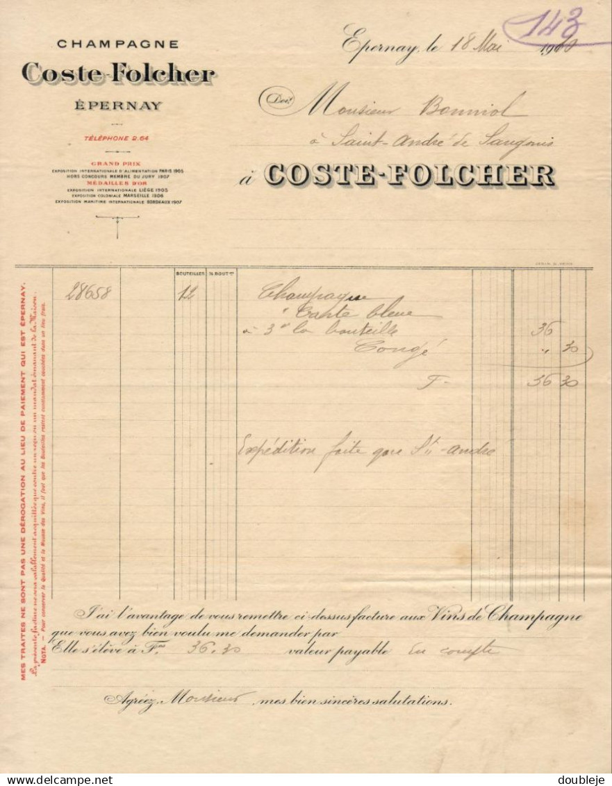 CHAMPAGNE COSTE FOLCHER A EPERNAY   .......... FACTURE DE 1910 - Other & Unclassified