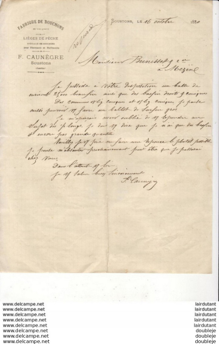 FABRIQUE DE BOUCHONS F.CAUNEGRE A SOUSTONS .......... CORRESPONDANCE COMMERCIALE DE 1880 - Other & Unclassified