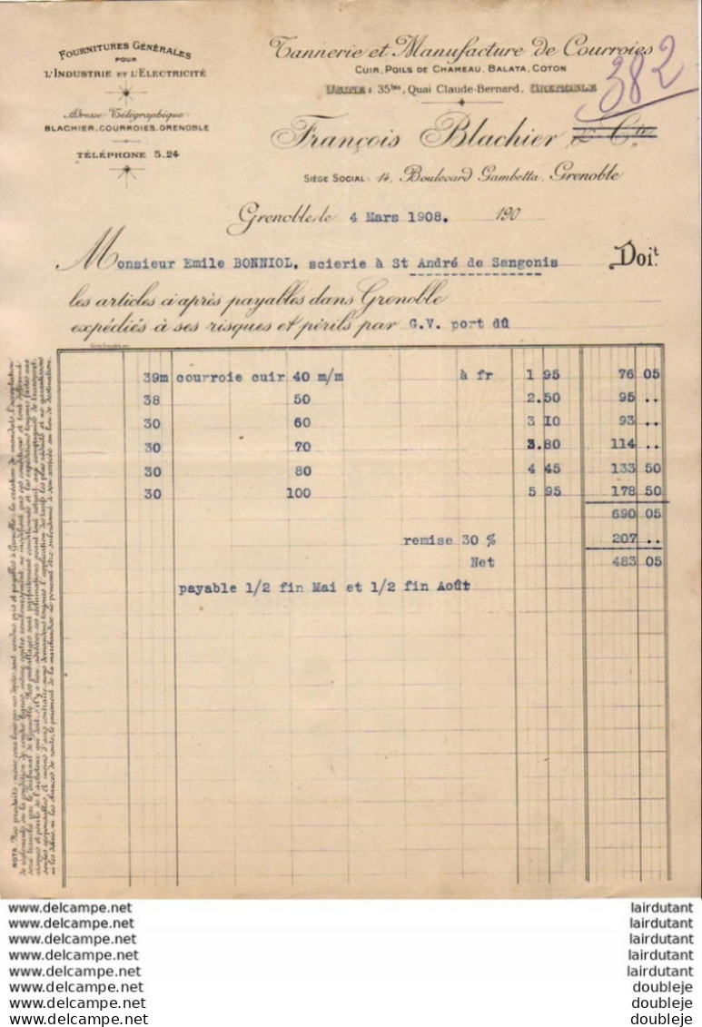 TANNERIE ET MANUFACTURE DE COURROIES F.BLACHIER à GRENOBLE .......... FACTURE DE 1908 - Other & Unclassified