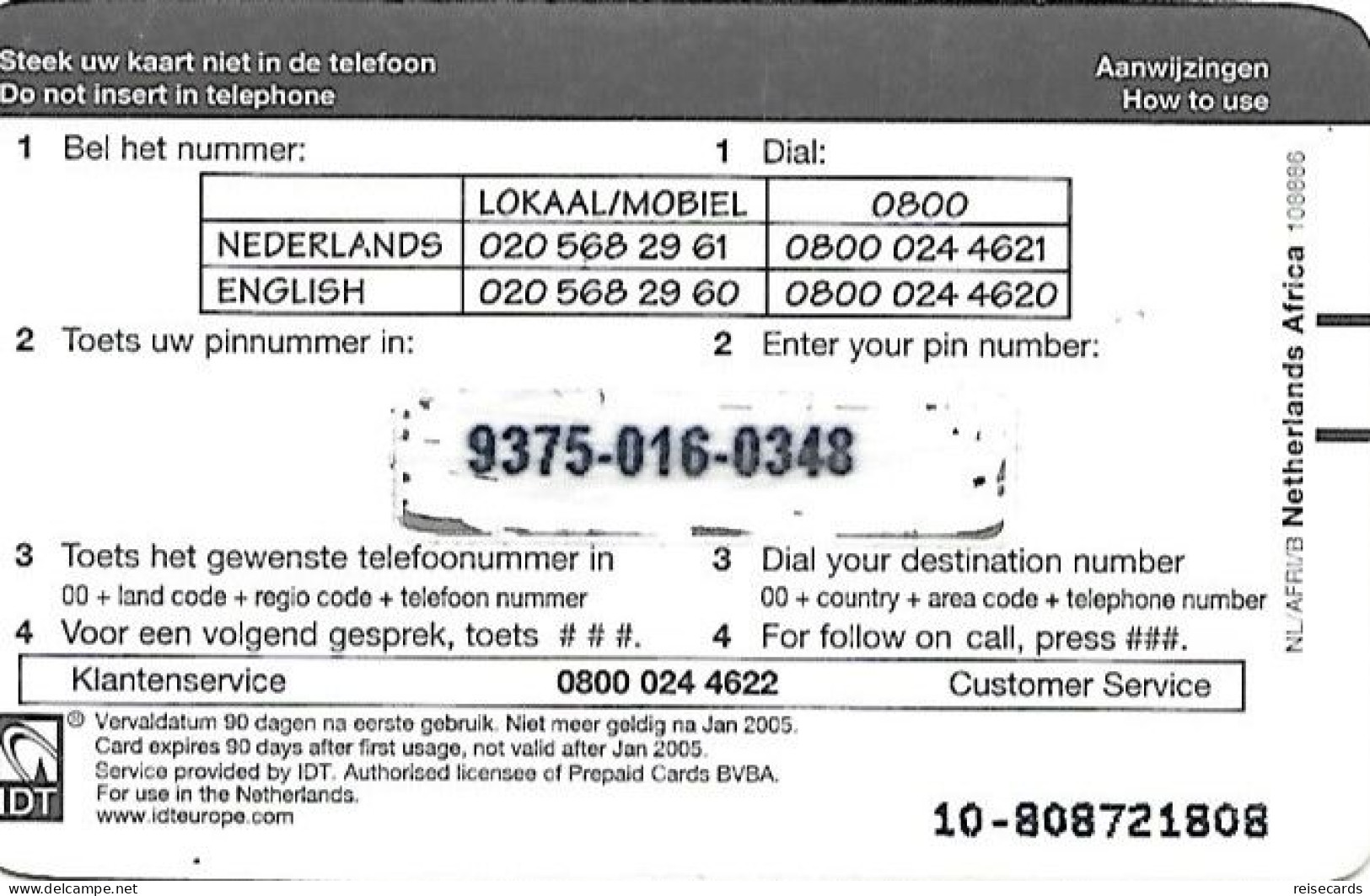 Netherlands: Prepaid IDT - Africa Kaart 01.05 - [3] Tarjetas Móvil, Prepagadas Y Recargos