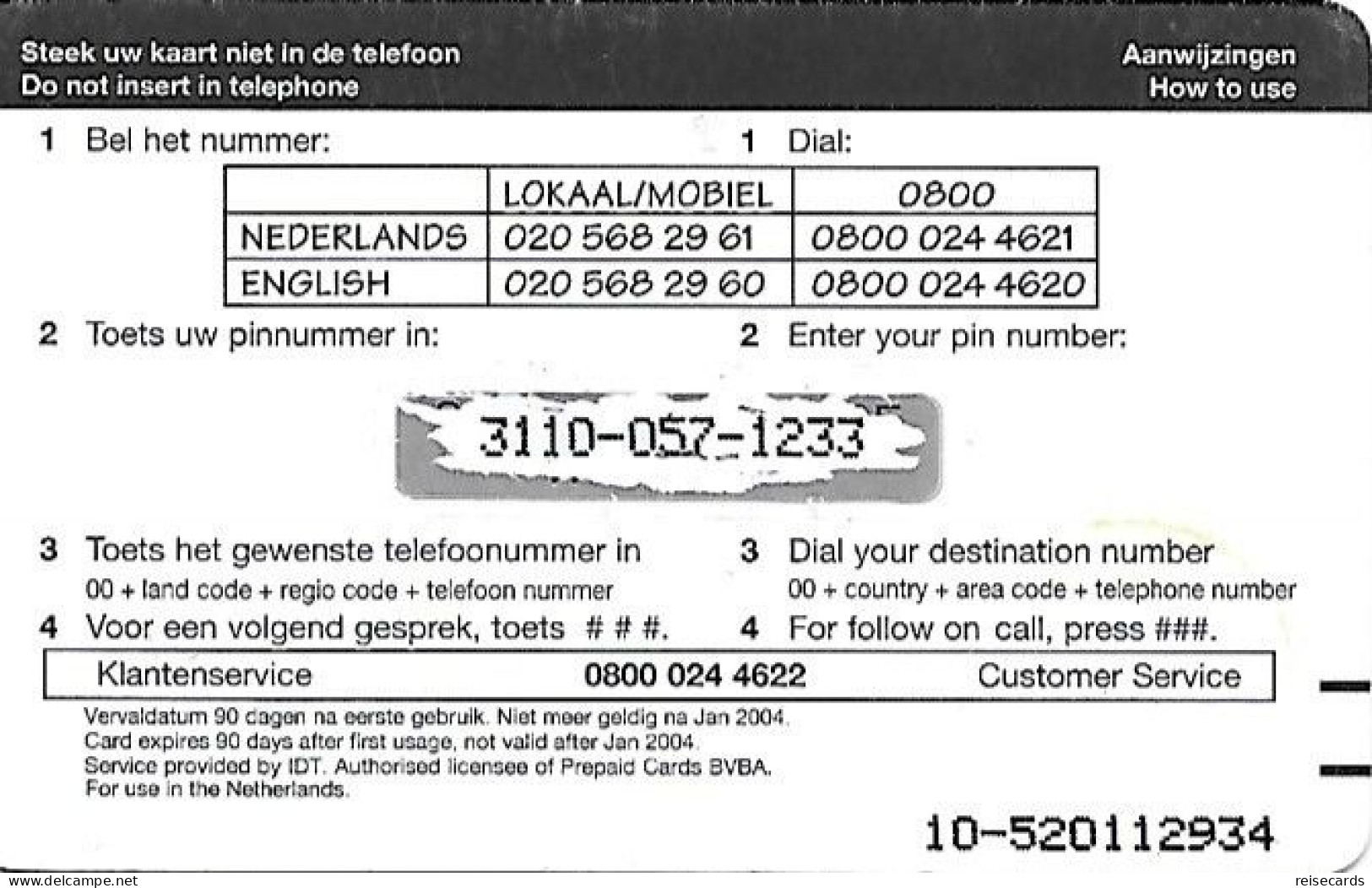 Netherlands: Prepaid IDT - Africa Kaart 01.04 - Cartes GSM, Prépayées Et Recharges