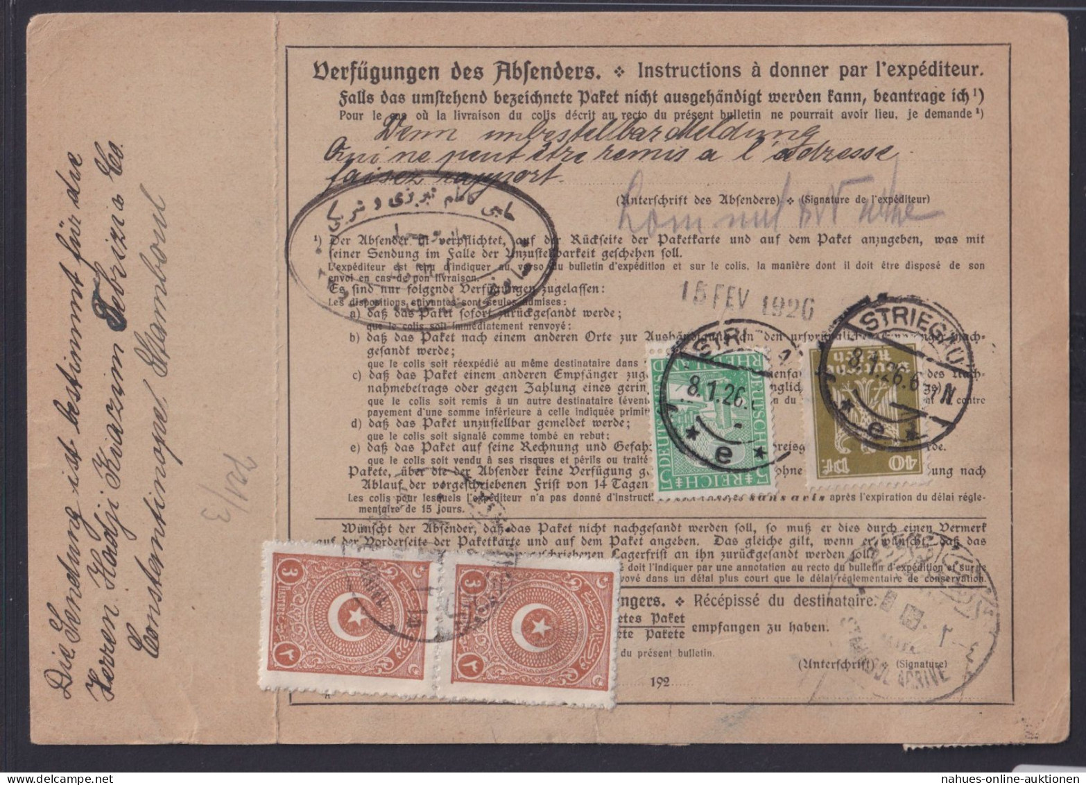 Deutsches Reich Infla Brief Inter. Paketkarte Nach Constantinopel Ab Striegau - Covers & Documents