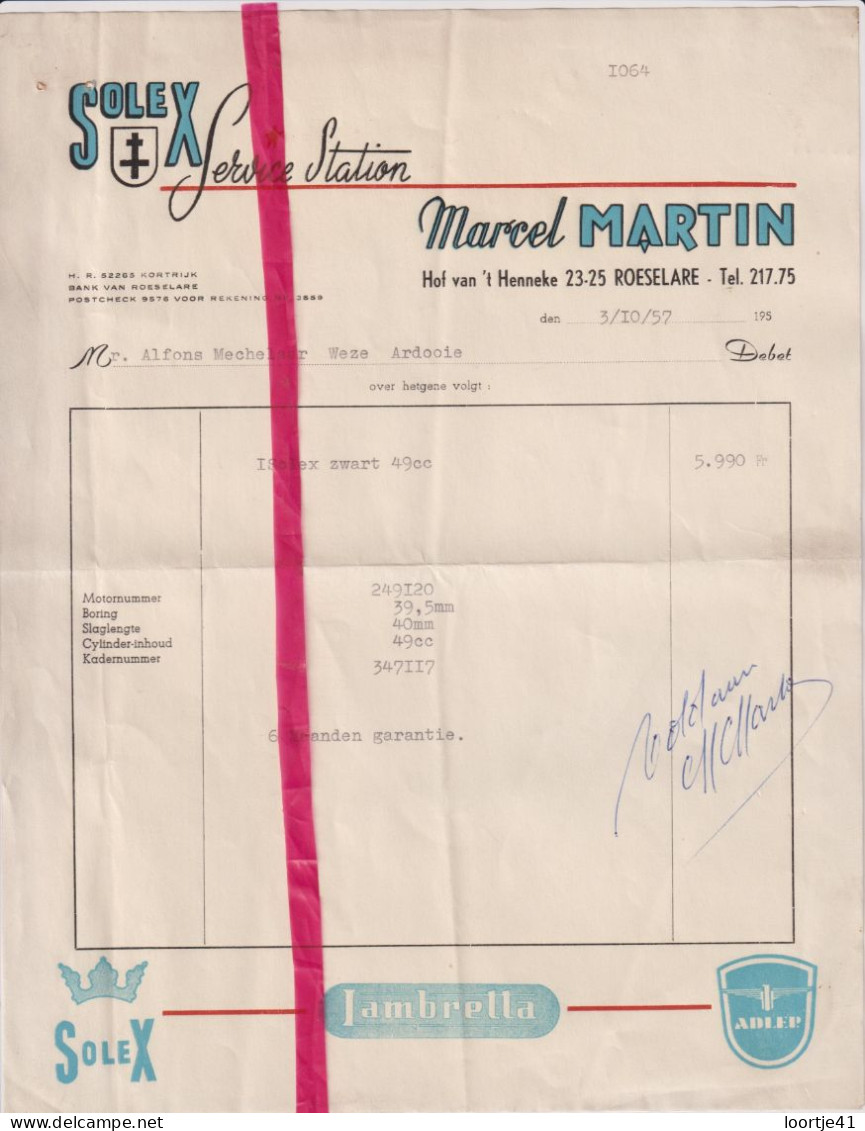 Factuur Facture - Roeselare - Solex Service Station - Marcel Martin - 1957 - Transport