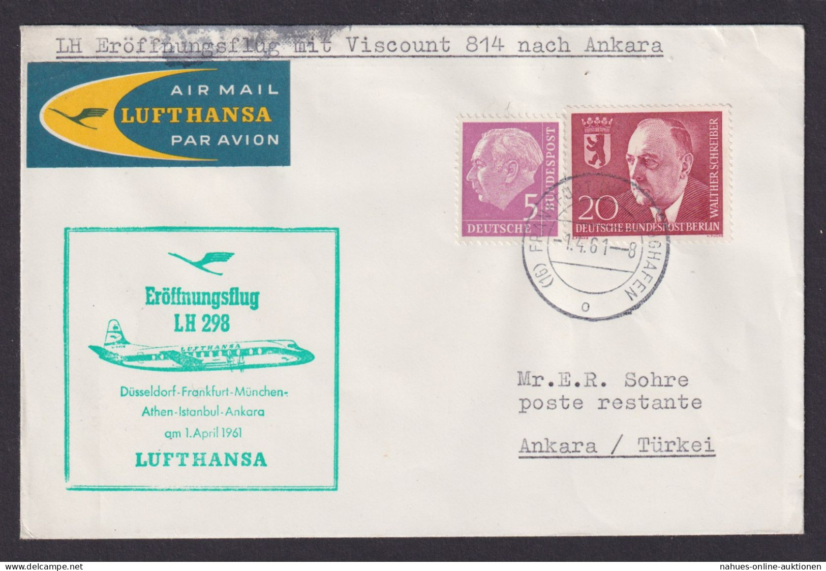 Flugpost Brief Air Mail Lufthansa Eröffnungsflug LH 298 Düsseldorf Ankara Türkei - Briefe U. Dokumente