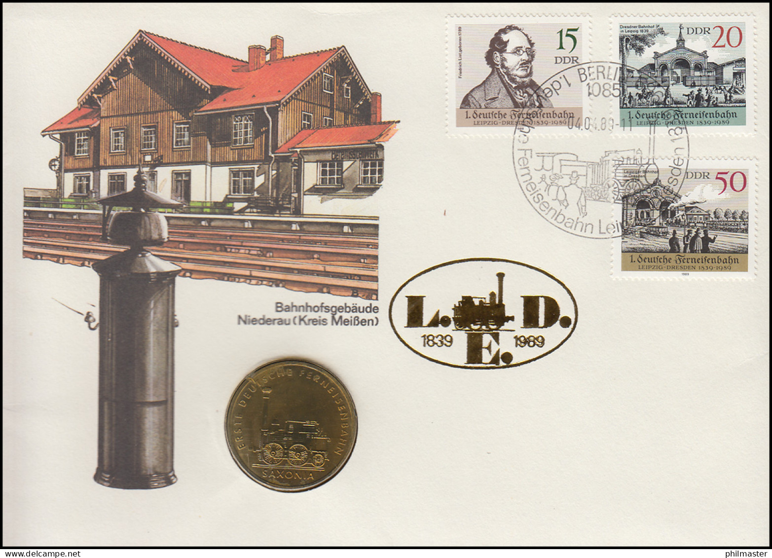 DDR-Numisbrief 1. Deutsche Ferneisenbahn 5-Mark-Gedenkmünze Saxonia ESSt 1989 - Enveloppes Numismatiques