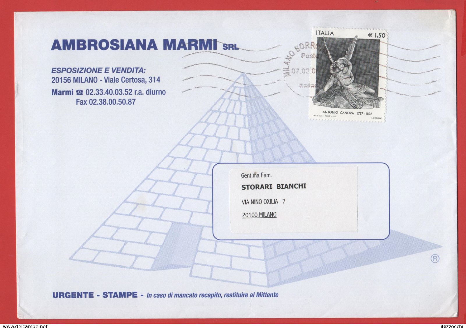 ITALIA - Storia Postale Repubblica - 2008 - 1,50 250º Anniversario Della Nascita Di Antonio Canova; Amore E Psiche, Oper - 2001-10: Marcophilie