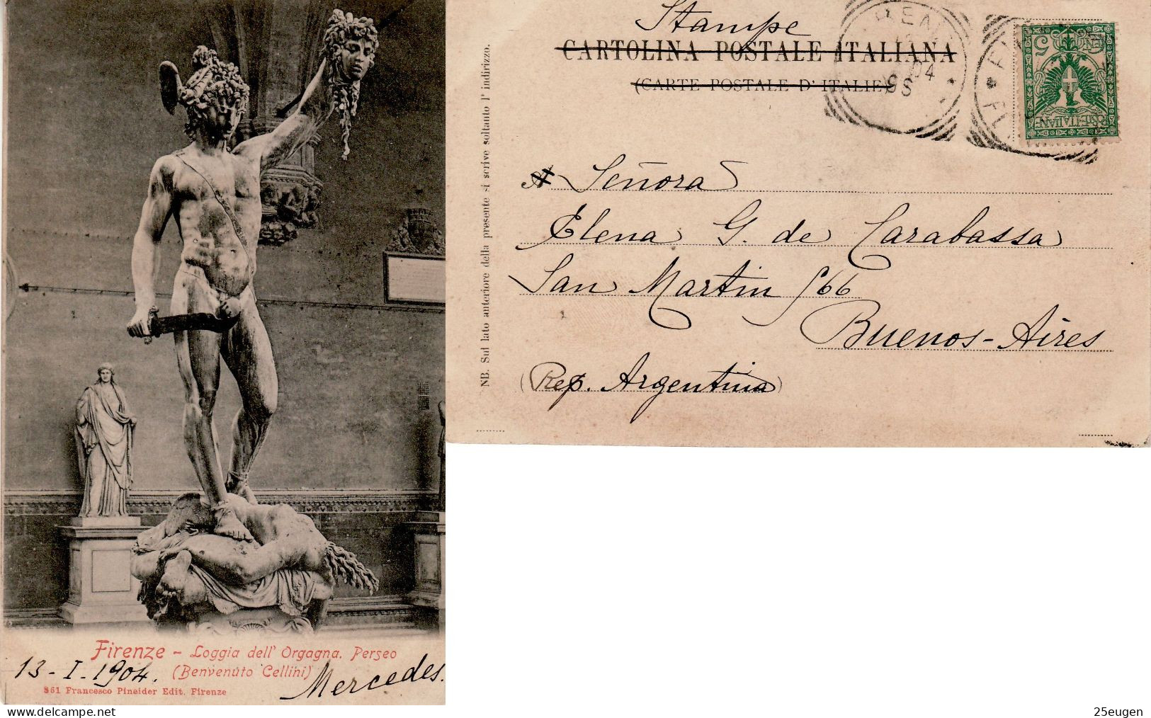 ITALY 1904 POSTCARD SENT FROM FIRENZE TO BUENOS AIRES - Marcophilia