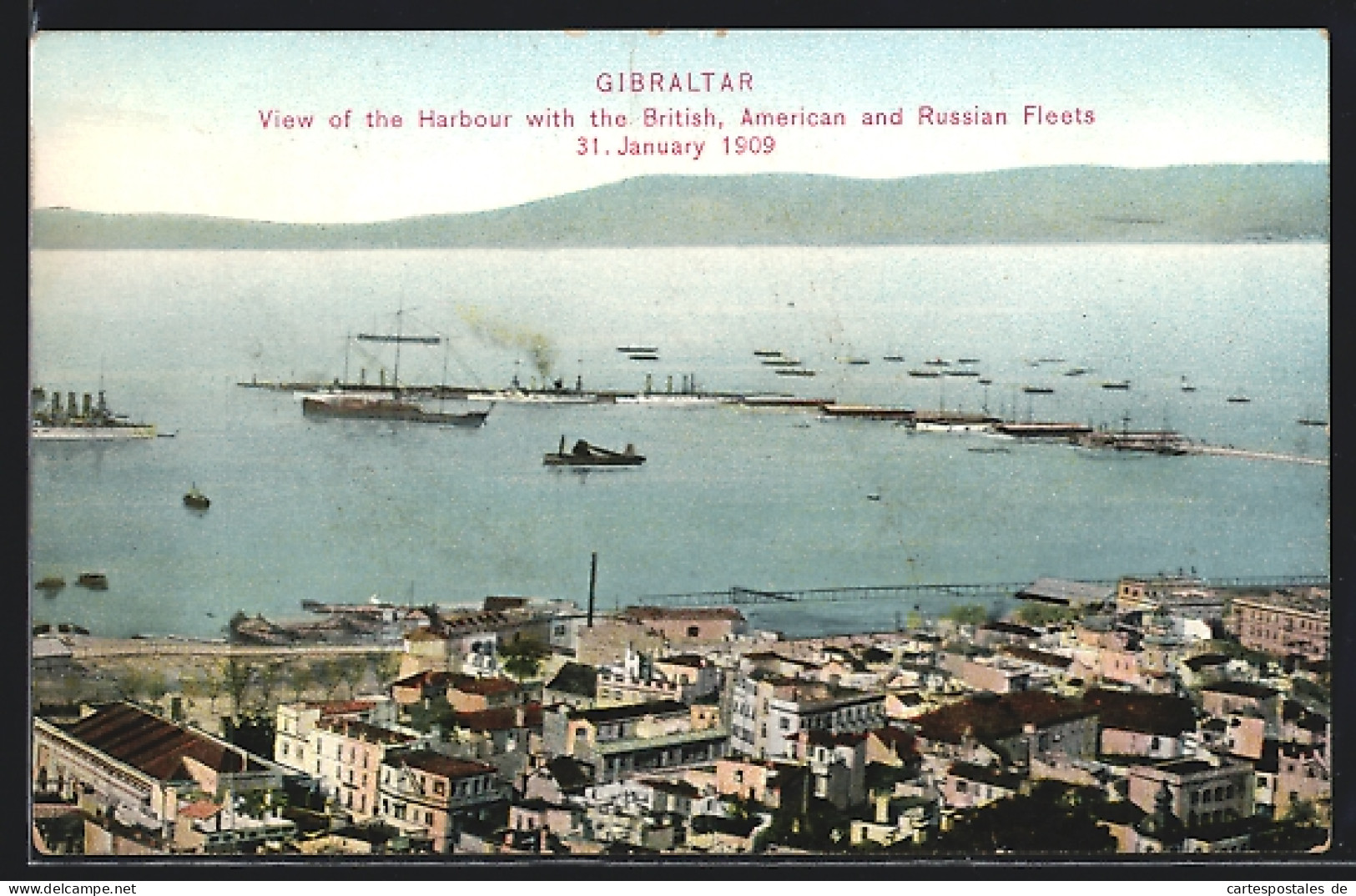 Postal Gibraltar, View Of The Harbour With The British, American And Russian Fleets 1909  - Gibraltar