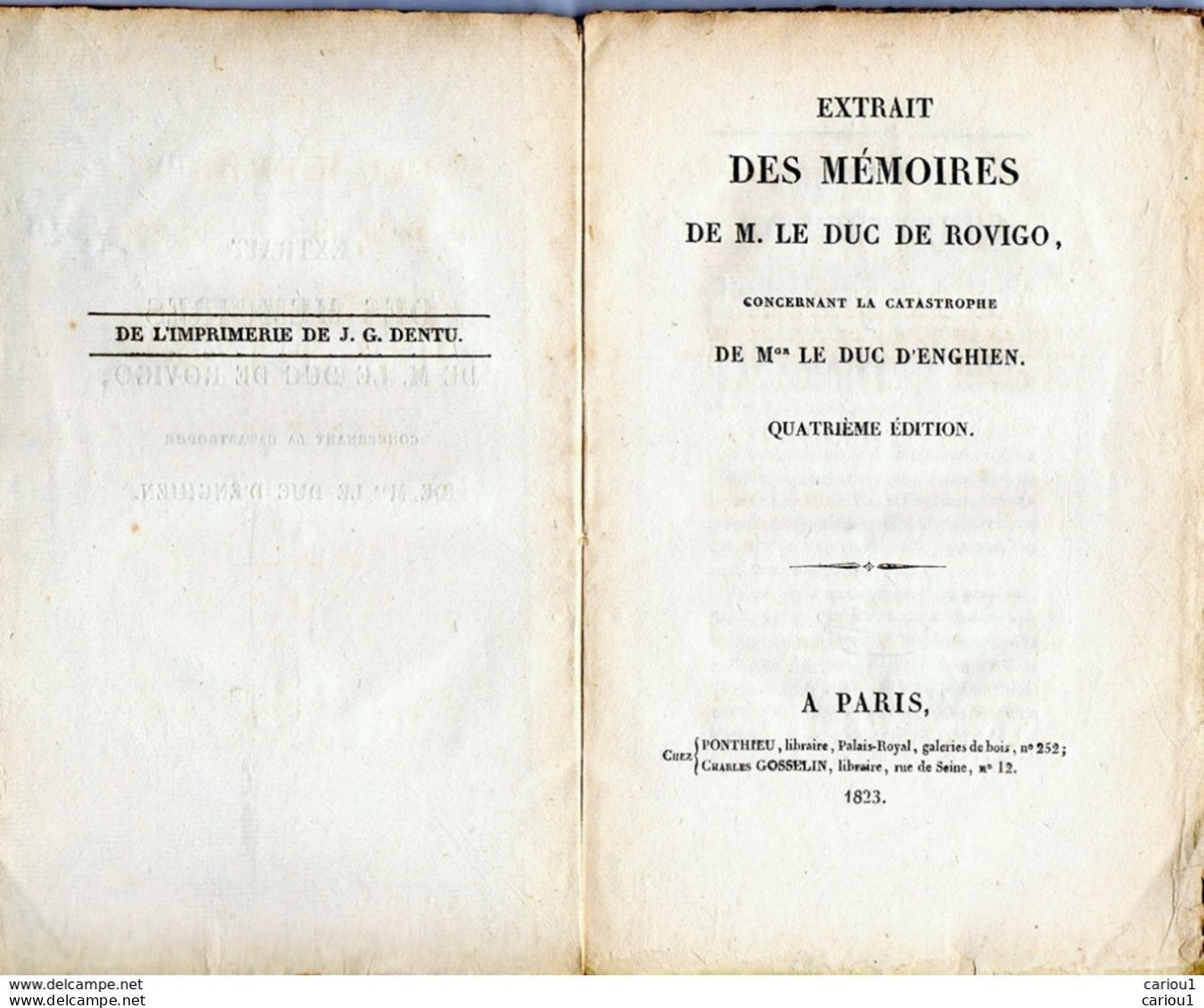 C1 NAPOLEON SAVARY Duc De Rovigo SUR LA CATASTROPHE DU DUC D ENGHIEN 1823 Port Inclus - 1801-1900