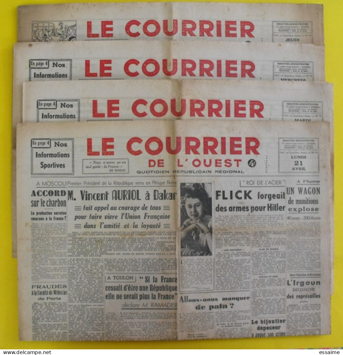 4 N° Journal Le Courrier De L'Ouest De 1947 Irgoun Palestine Flick Madagascar Bidault De Gaulle Indes Herriot - Otros & Sin Clasificación