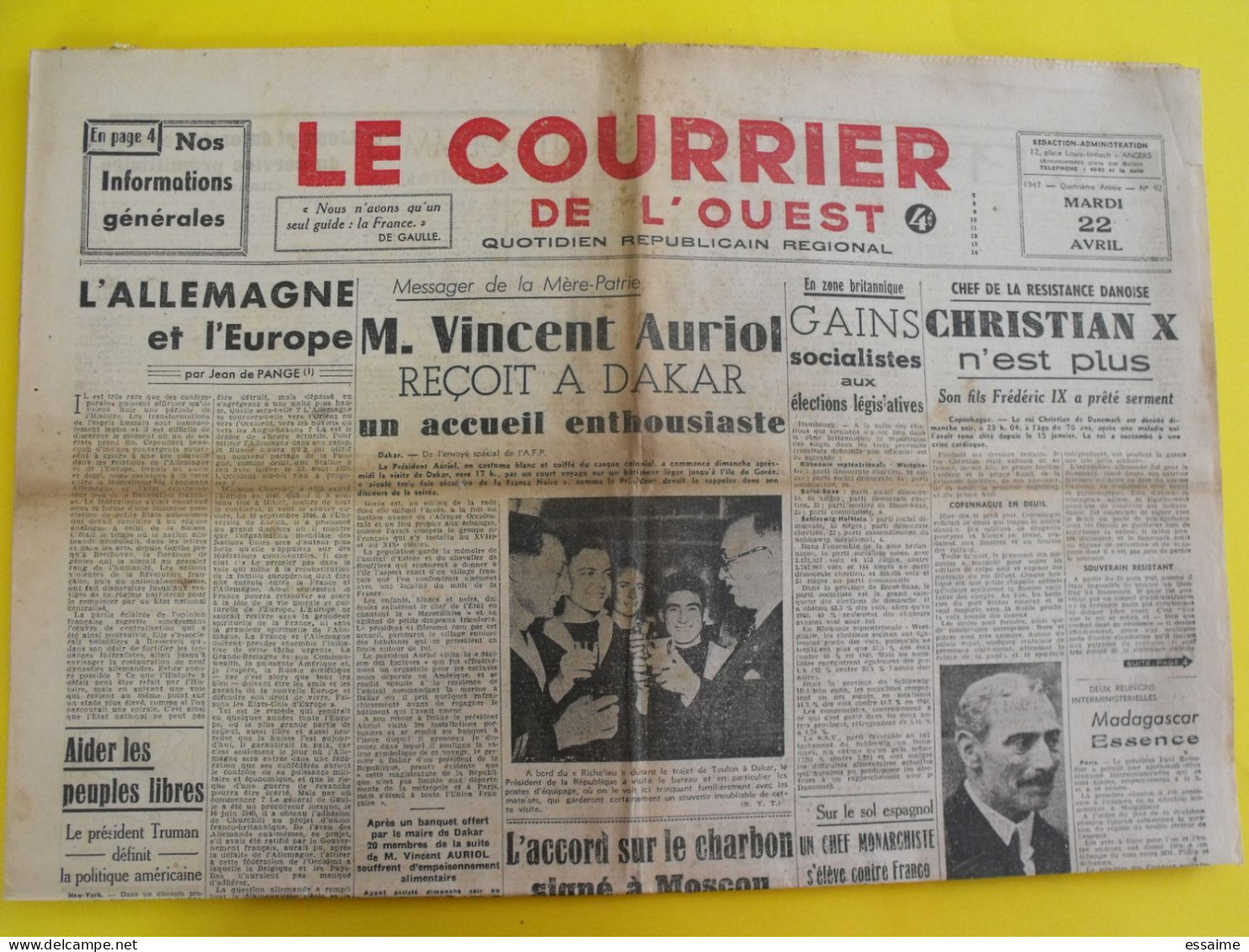 4 N° Journal Le Courrier De L'Ouest De 1947 Irgoun Palestine Flick Madagascar Bidault De Gaulle Indes Herriot - Otros & Sin Clasificación