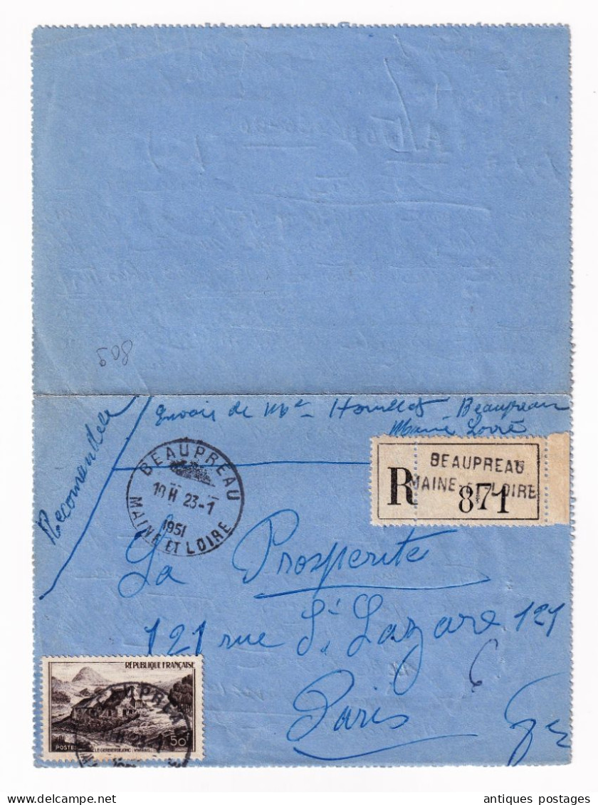 Lettre 1951 Recommandée Beaupréau Maine Et Loire Timbre Le Gerbier De Jonc Vivarais 50F - Covers & Documents