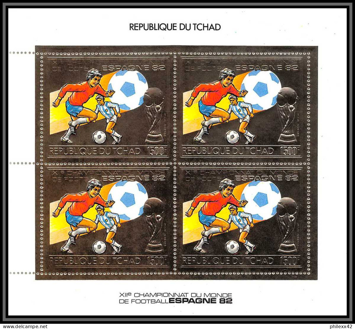 85868/ N°897 A Football Soccer Coupe Monde ESPANA 1982 Tchad OR Gold Stamps ** MNH BLOC 4 - 1982 – Spain