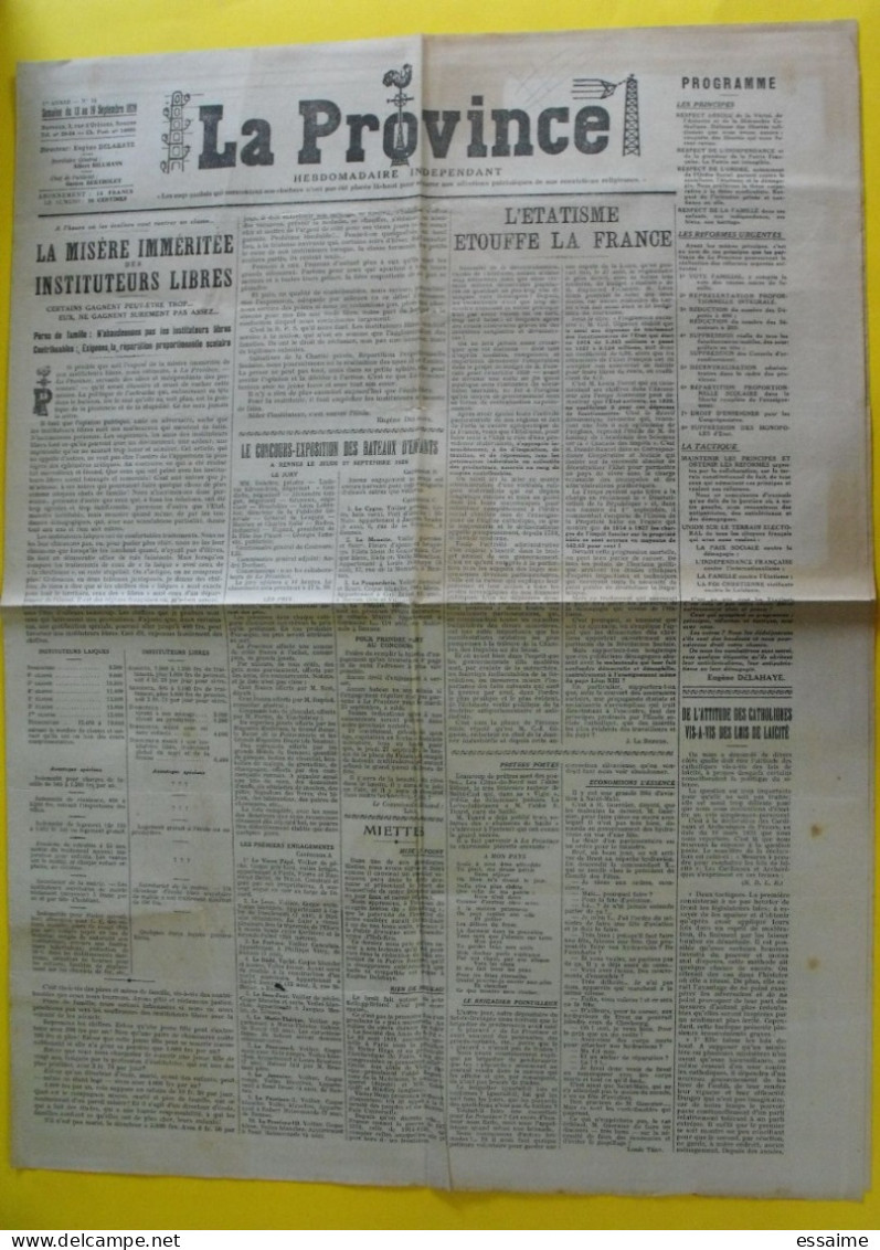 Journal La Province N° 16 Du 13-19 Septembre 1928. Instituteurs Libres Bretagne - Otros & Sin Clasificación