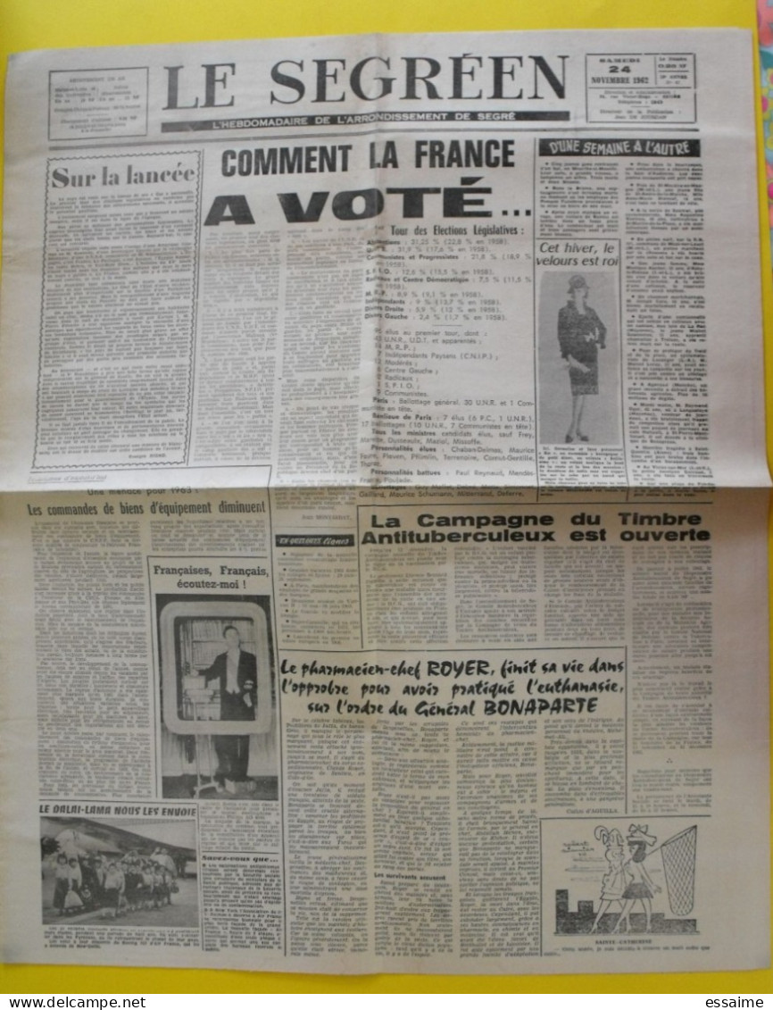 Hebdo Le Segréen N° 47 Du 24 Novembre 1962. Segré Riond Dalai-Lama Candé Pouancé Lacombe - Otros & Sin Clasificación