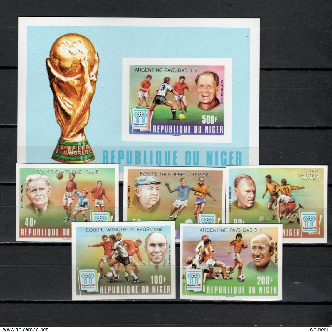 Niger 1978 Football Soccer World Cup Set Of 5 + S/s With Winners Overprint In Silver Imperf. MNH -scarce- - 1978 – Argentina