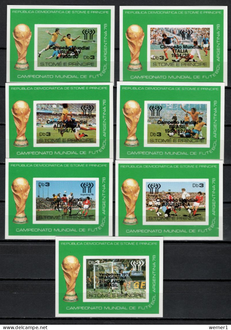 Sao Tome E Principe (St. Thomas & Prince) 1979 Football Soccer World Cup Set Of 7 S/s With Winners O/p In Black MNH - 1978 – Argentine