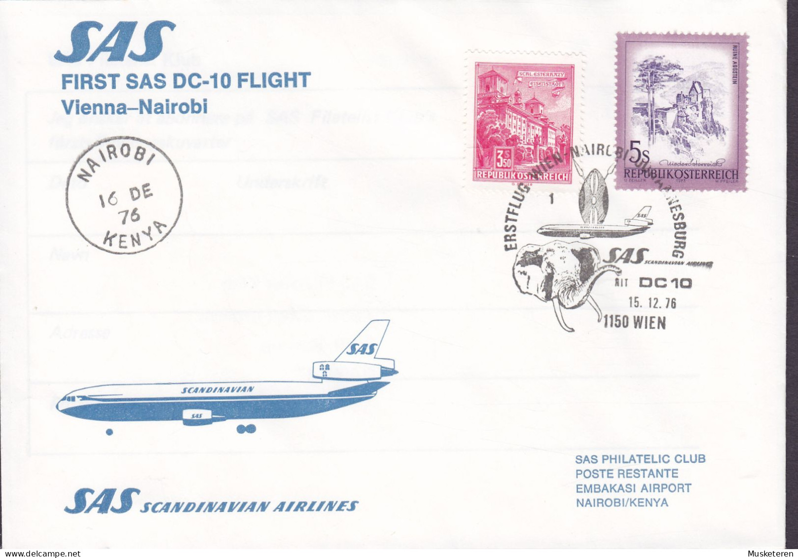 Austria First SAS DC-10 Flight VIENNA-JOHANNESBURG Erstflug WIEN-NAIROBI-JOHANNESBURG 1976 Cover Brief Lettre Elephant - Premiers Vols