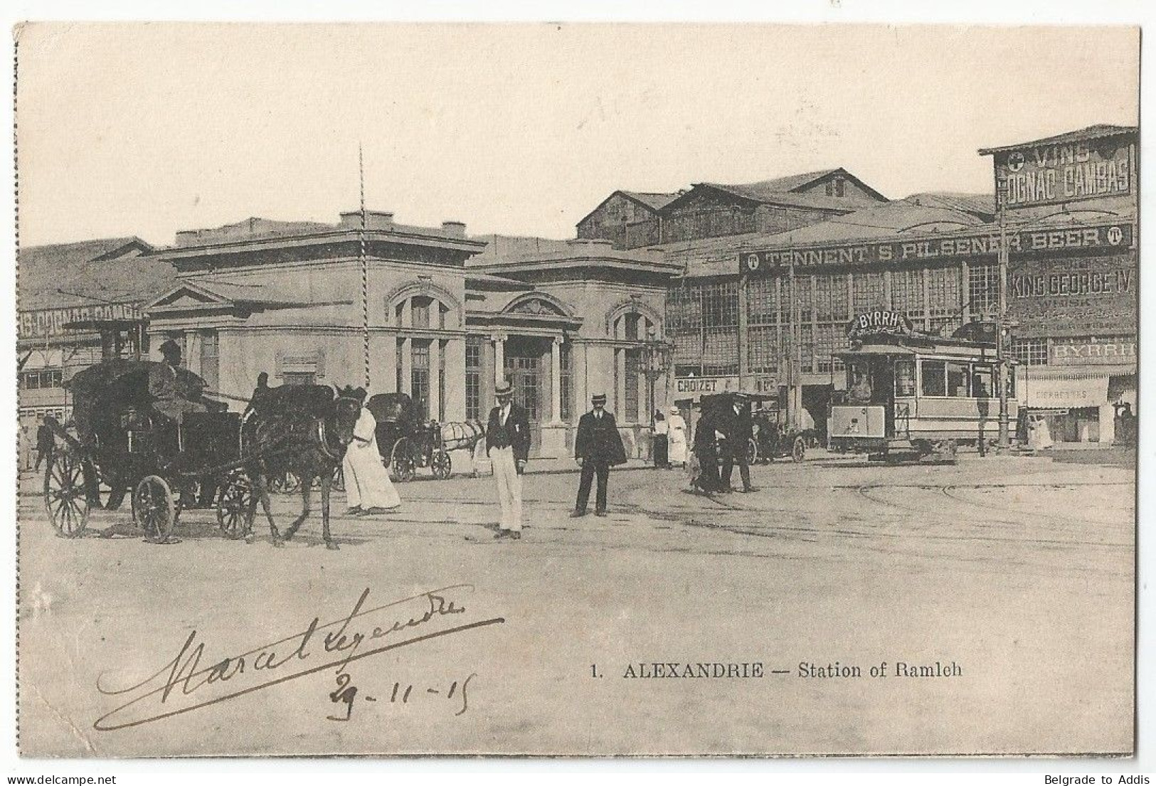 Egypt Postcard Alexandria 1915 Station Of Ramleh Tramways Cars Carriages Horses - Alexandria
