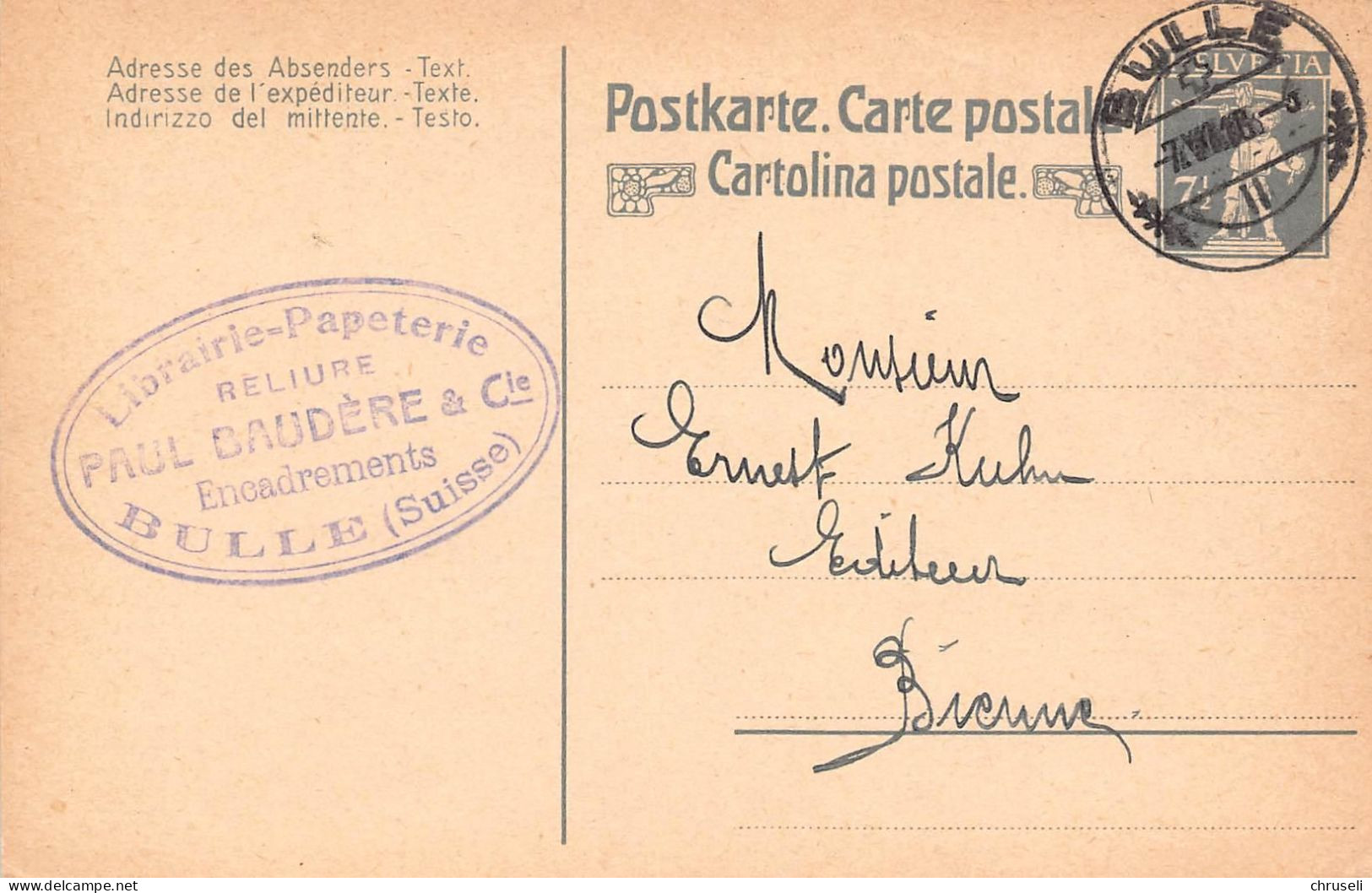 Bulle Papeterie  Paul Baudère  Firmen Gewerbestempel Besonderheiten - Enteros Postales