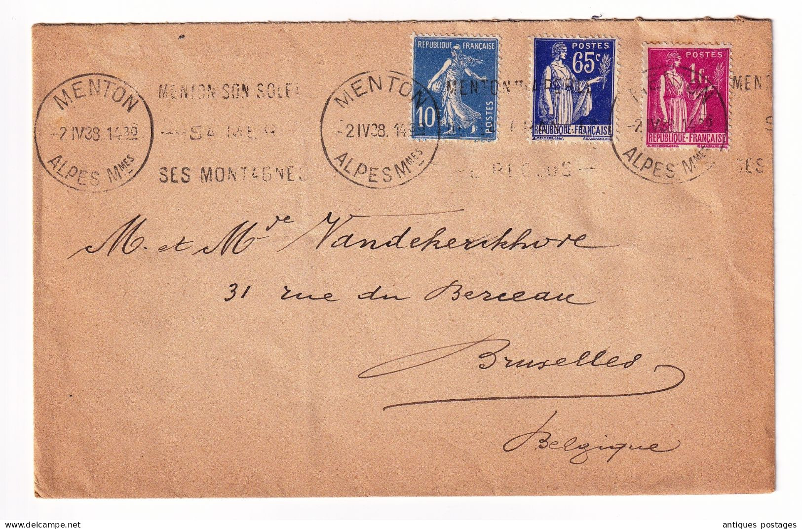 Lettre Menton 1938 Clos De La Madone Alpes Maritimes Bruxelles Belgique Type Paix + Semeuse - 1932-39 Paz