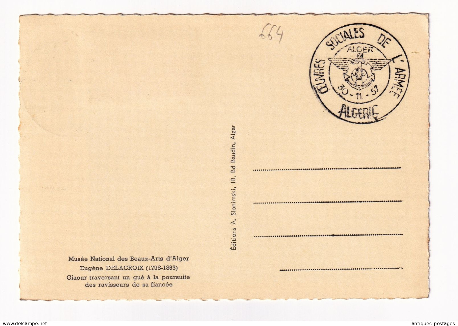 Carte Postale 1957 Algérie Alger Oeuvres Sociales De L'Armée Française Eugène Delacroix Giour Traversant Un Gué - Lettres & Documents