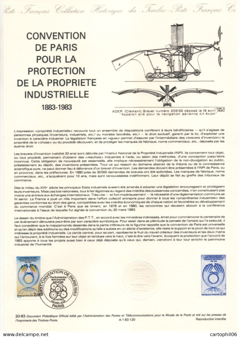 - Document Premier Jour LA PROTECTION DE LA PROPRIÉTÉ INDUSTRIELLE 1883 - 1983 - - Documents Of Postal Services