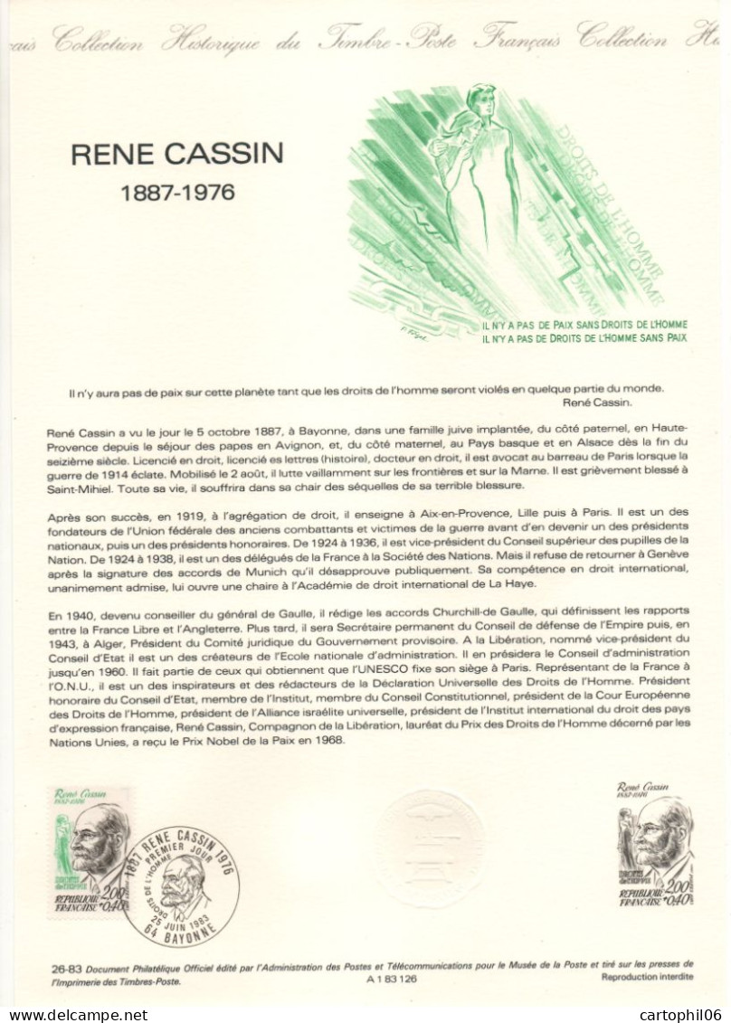 - Document Premier Jour RENÉ CASSIN (1887-1976) - BAYONNE 25.6.1983 - - Premio Nobel