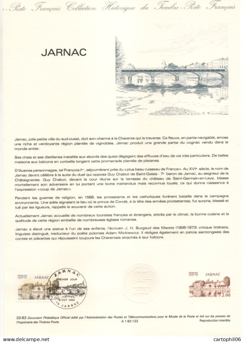 - Document Premier Jour JARNAC (Charente) 8.10.1983 - - Documents De La Poste