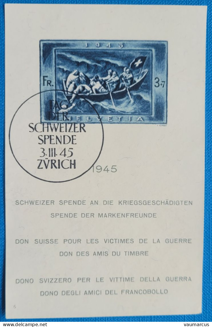 1945 Zu W 21I / Mi Bl 11 / YT BF 11 Obl. ZÜRICH 3.3.45 SBK 450 CHF Voir Description - Blocs & Feuillets