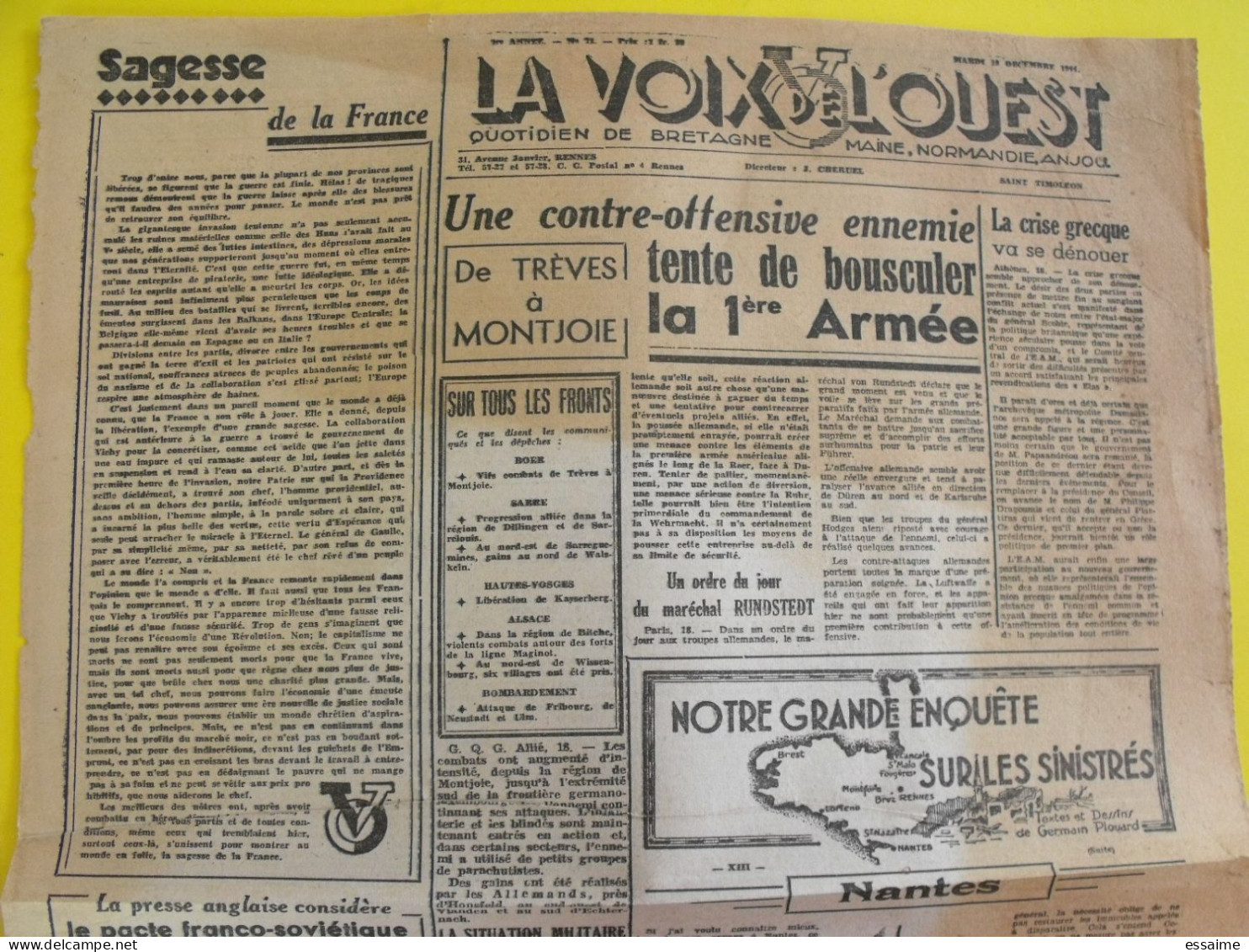 Journal La Voix De L'Ouest N° 78 Du 10 Décembre 1944. Rennes. De Gaulle. Bretagne Maine Normandie Anjou - War 1939-45